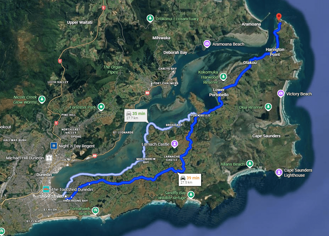 Map showing driving routes around Dunedin, New Zealand, highlighting Aramoana and various beaches.