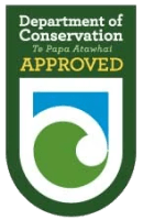 Department of Conservation approved logo with green and blue wave symbol.