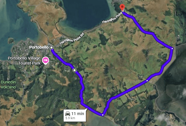 Aerial map of a rural area with a marked driving route, 11 miles long, on winding roads.