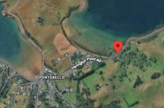 Satellite view of Portobello with a red location pin on Harington Point Rd.