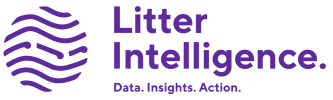 Litter Intelligence logo with wavy lines. Text: 'Data. Insights. Action.'