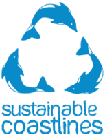 Three blue dolphins forming a recycle symbol, with 'sustainable coastlines' text below.