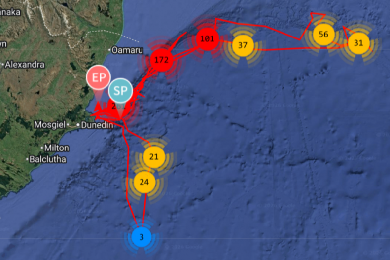 Map with colored routes and numerical waypoints near Dunedin coast.